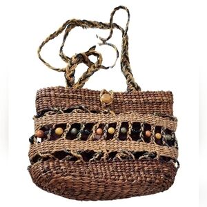 Bohemian Brown Blue Yellow Tote Bag Handbag Indie Tribal Straw Beaded